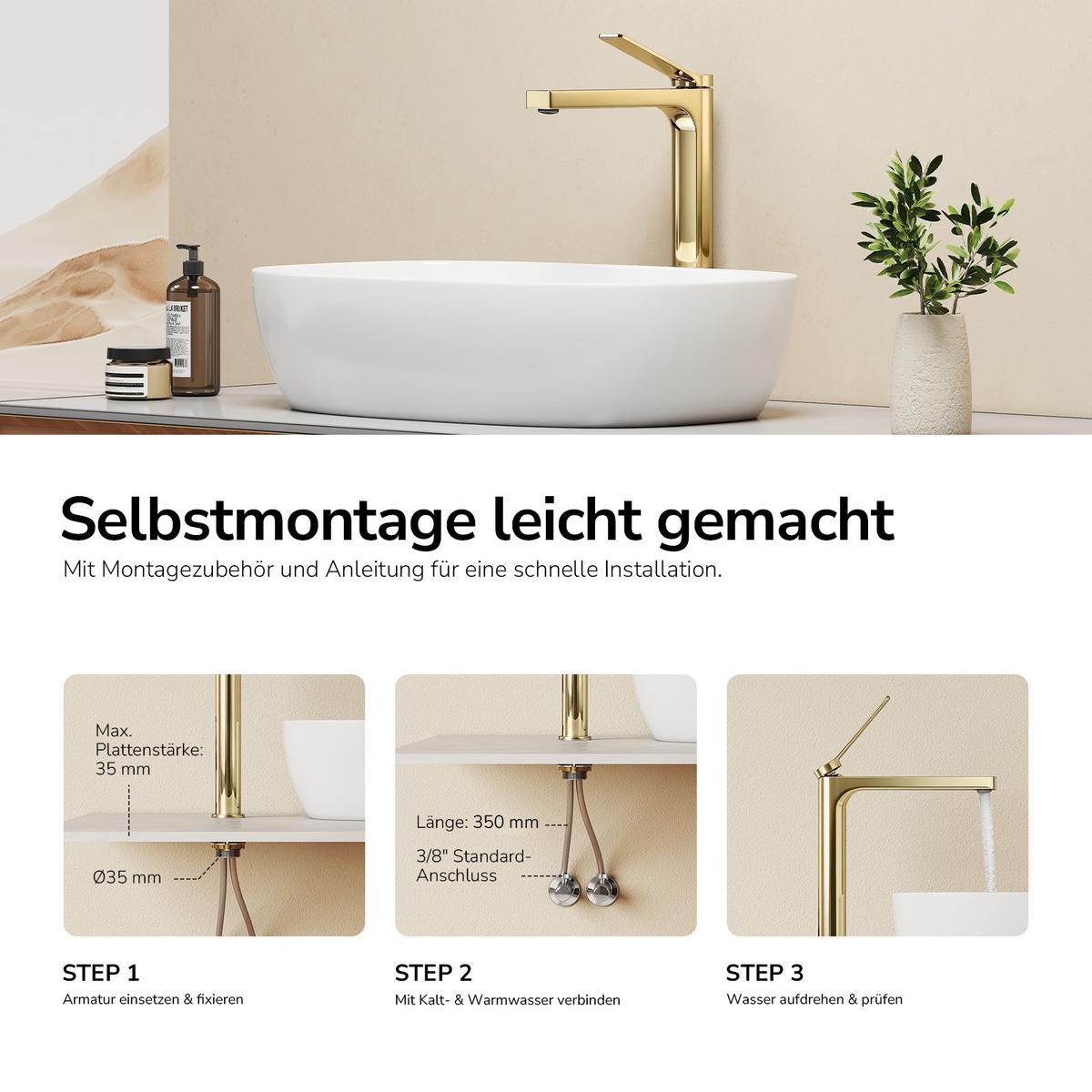 WASCHTISCHARMATUR mit Zertifiziertem Filterelement Champagnergold Hoher Stil - Goldfarben, Metall (23.3/4.6/33.5cm) - EMKE
