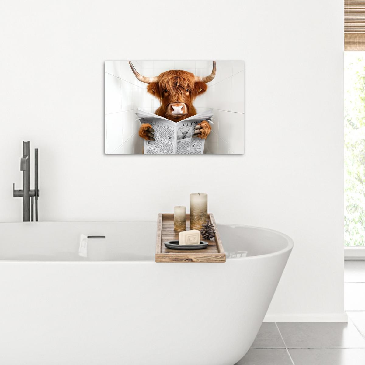 LEINWANDBILD Schottischer Highlander - Tier - Zeitung - Toilette Gemälde 60x40 cm - Kastanienfarben, Textil (60/40cm) - MuchoWow