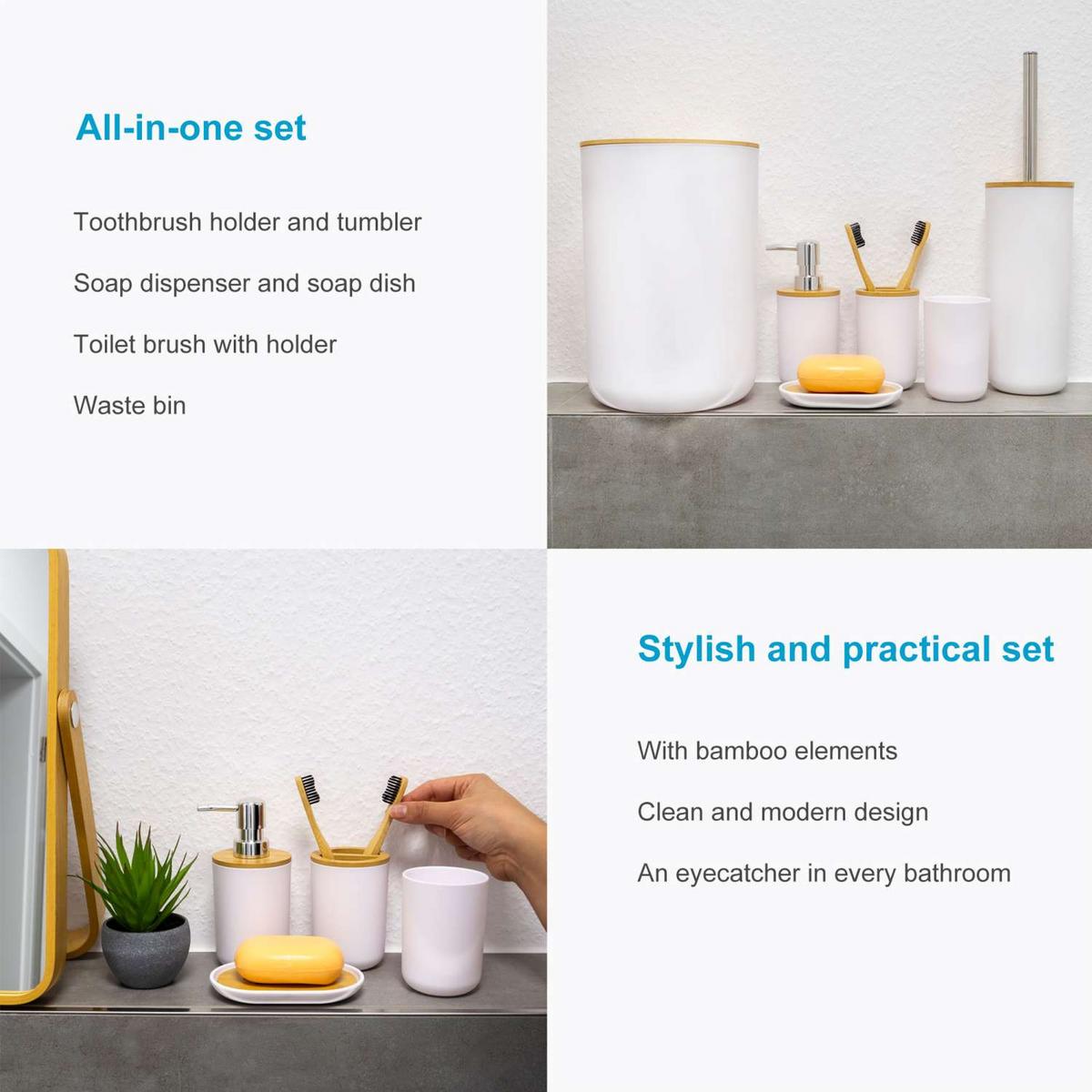 BADEZIMMER ZUBEHÖR SET (6-tlg.) mit Zahnputzbecher Seifenschale Seifenspender Toilettenbürste - Weiß, Naturmaterialen (19.5/26/19.5cm) - Intirilife