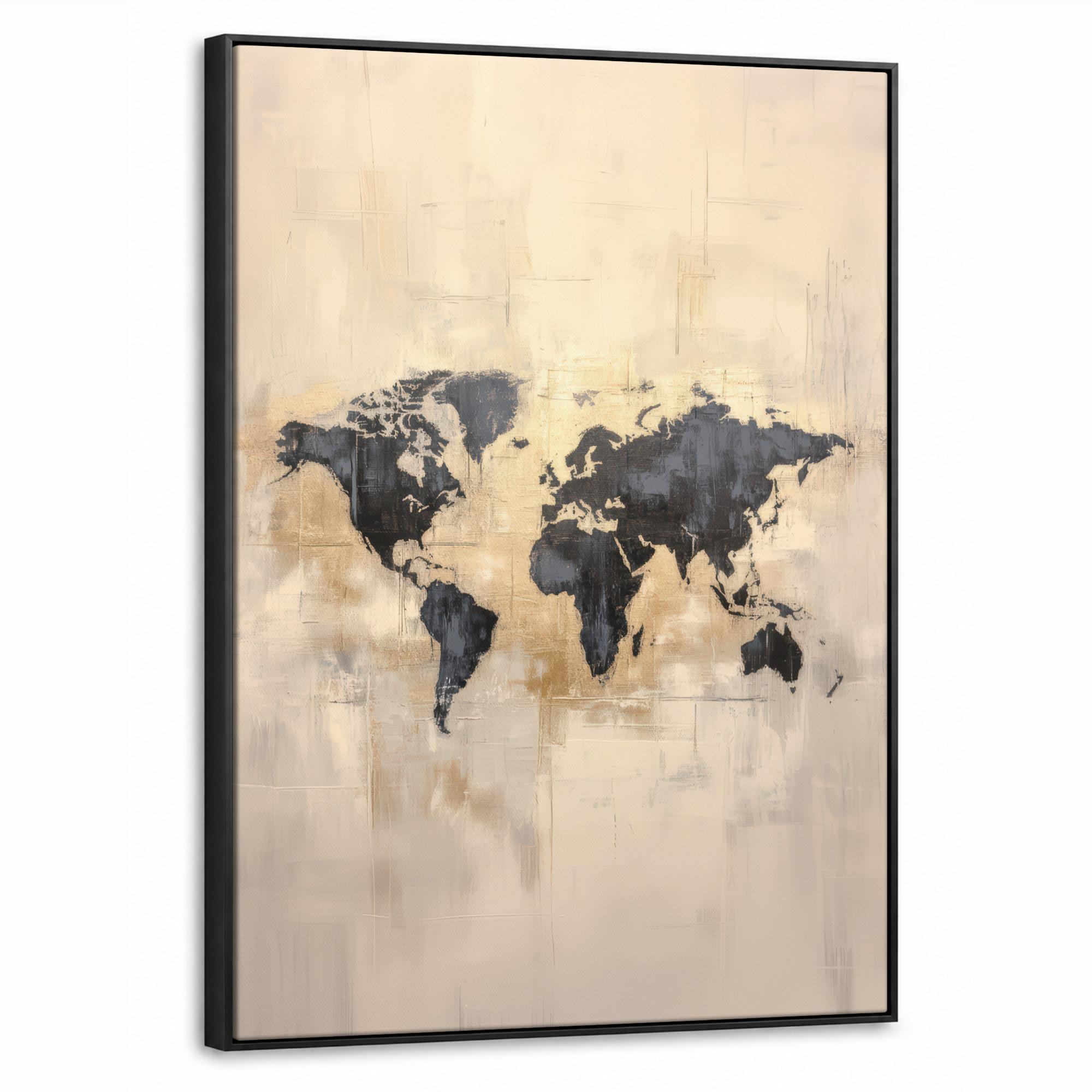 LEINWAND Bilder mit Rahmen - Weltkarte - Gold - Schwarz - Abstrakt - 60x80 - Kupferfarben, Textil (60/80cm) - MuchoWow