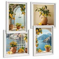 BILDER SET 4er Set - 50x50 cm & 40x60 cm Weißer Rahmen - Zitronenblumen aus der Küstenstadt - Weiß, Kunststoff (50/50cm) - TULUP