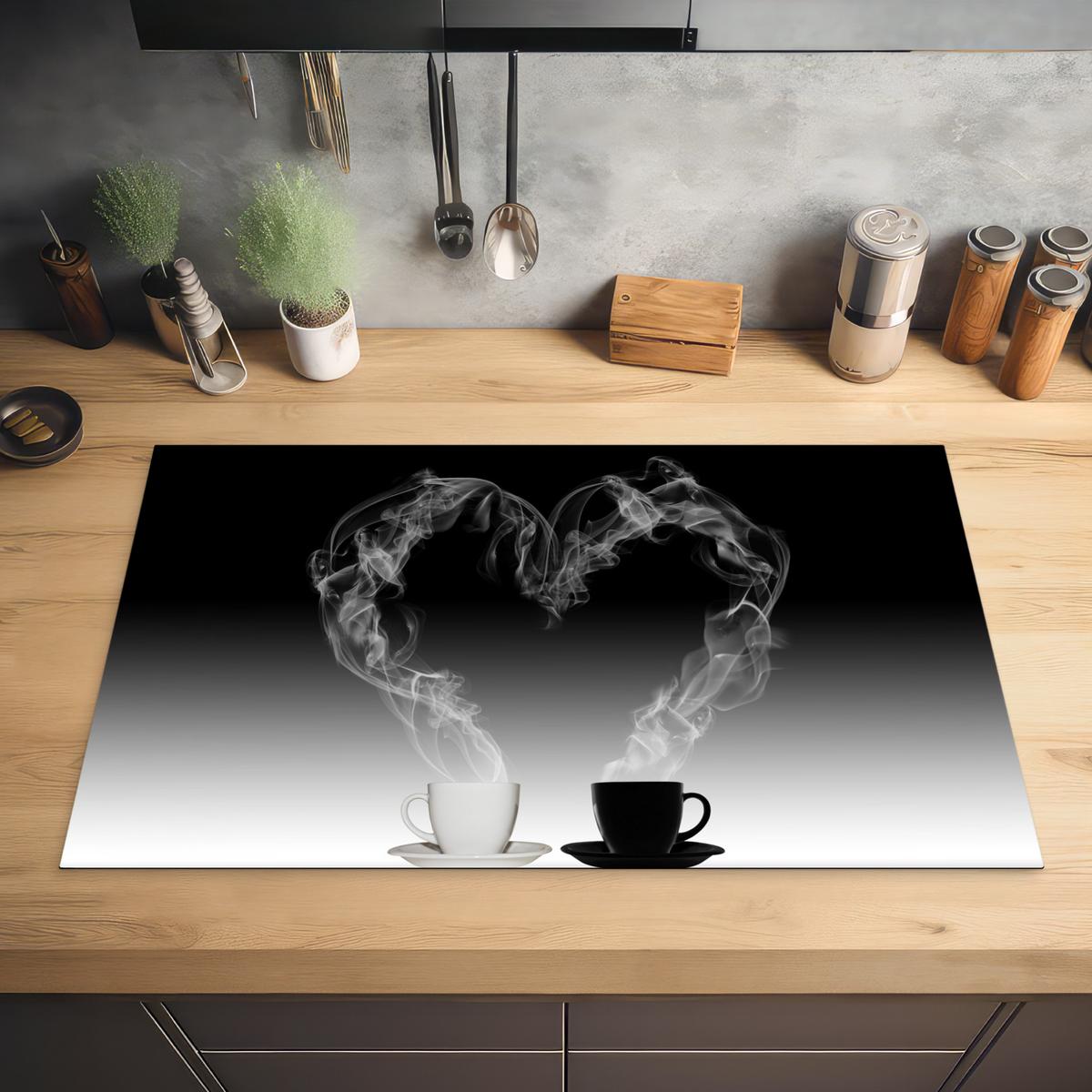HERDABDECKPLATTE Kaffee - Herz - Schwarz und weiß - Tassen Ceranfeldabdeckung 85x52 cm - Weiß, Kunststoff (85/52/0.2cm) - MuchoWow