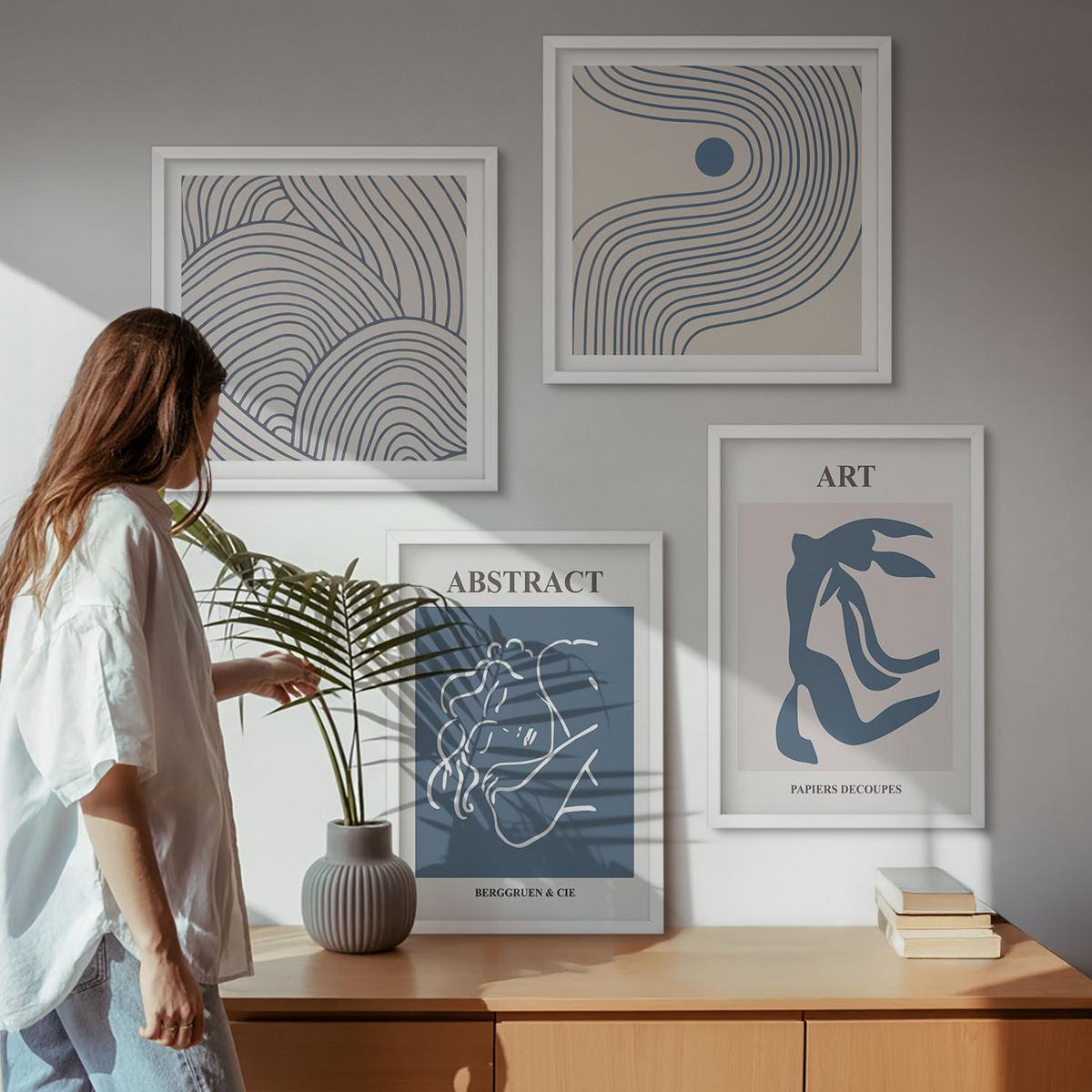 BILDER SET 4er Set - 50x50 cm & 40x60 cm Weißer Rahmen - Poster mit abstrakten Linien und Wellen - Weiß, Kunststoff (50/50cm) - TULUP
