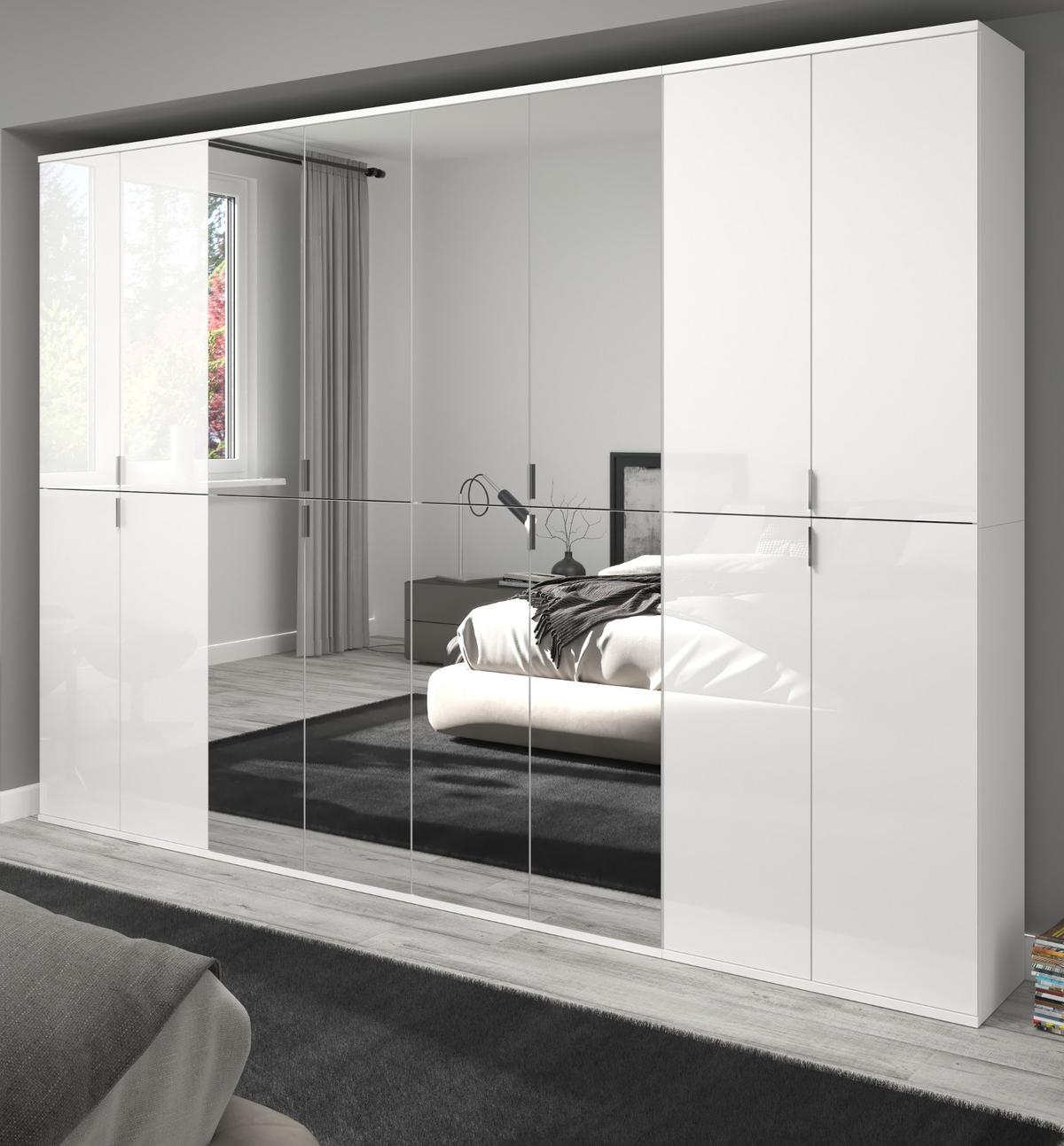 KLEIDERSCHRANK weiß Hochglanz 244 cm, Mehrzweckschrank mit Spiegeltüren, 36 Fächer - Weiß Hochglanz/Silberfarben, Holzwerkstoff/Metall (244/193/34cm) - Inn.Furn