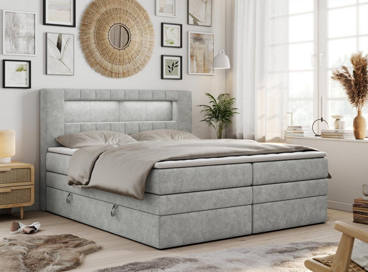 BOXSPRINGBETT GOLD-5 KING LED 200/200 Hellgrau Struktur - H3 - Hellgrau, Holz/Textil (200/200cm) - MKS