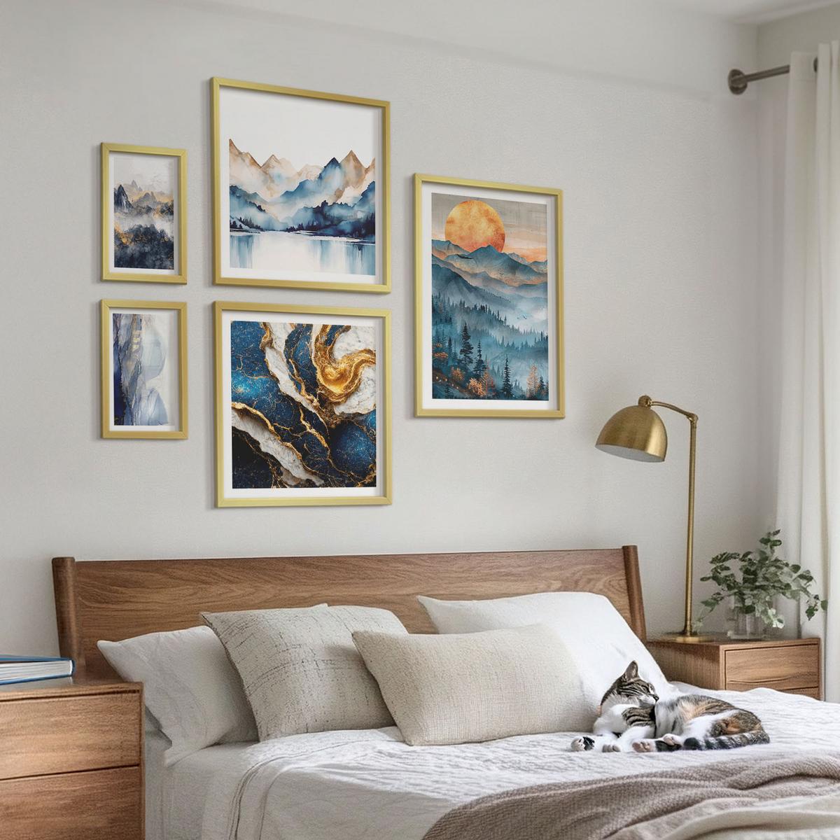 BILDER SET 5er Set - 50x50 cm & 20x30 cm & 40x60 cm Goldrahmen - Blaue Berglandschaften - Goldfarben, Kunststoff (40/60cm) - TULUP