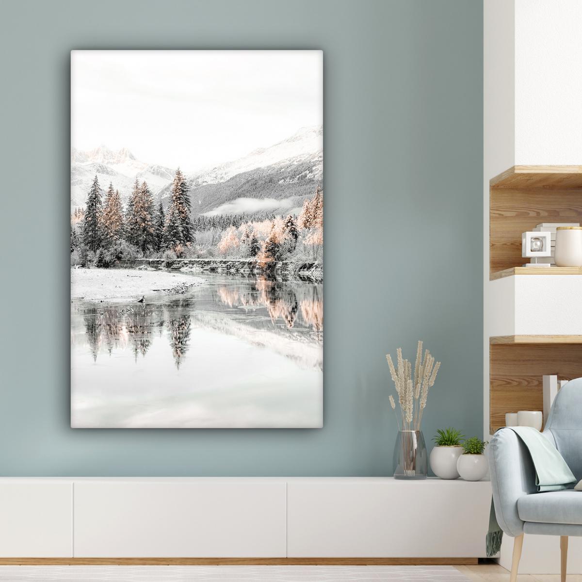 LEINWANDBILD Natur - Winter - Bäume - Berge - Schnee Deko XXL 80x120 cm - Weiß Hochglanz, Textil (80/120cm) - MuchoWow