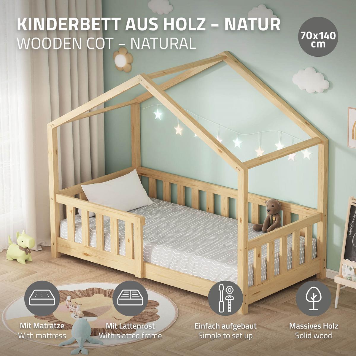 HAUSBETT mit Matratze 70x140 cm Natur aus Kiefernholz mit Rausfallschutz - Beige, Holz (70/140cm) - ML-DESIGN
