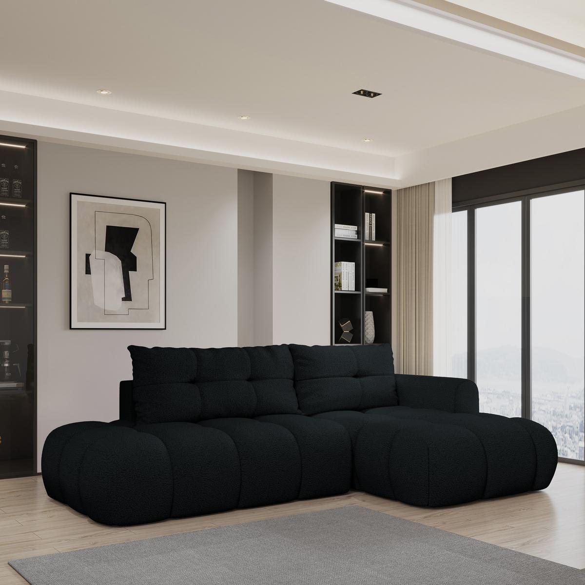 ECKSOFA FLUMA R-S Schwarz Boucle-Stoff mit Schlaffunktion - Schwarz, Holz (279/158cm) - MASSENO