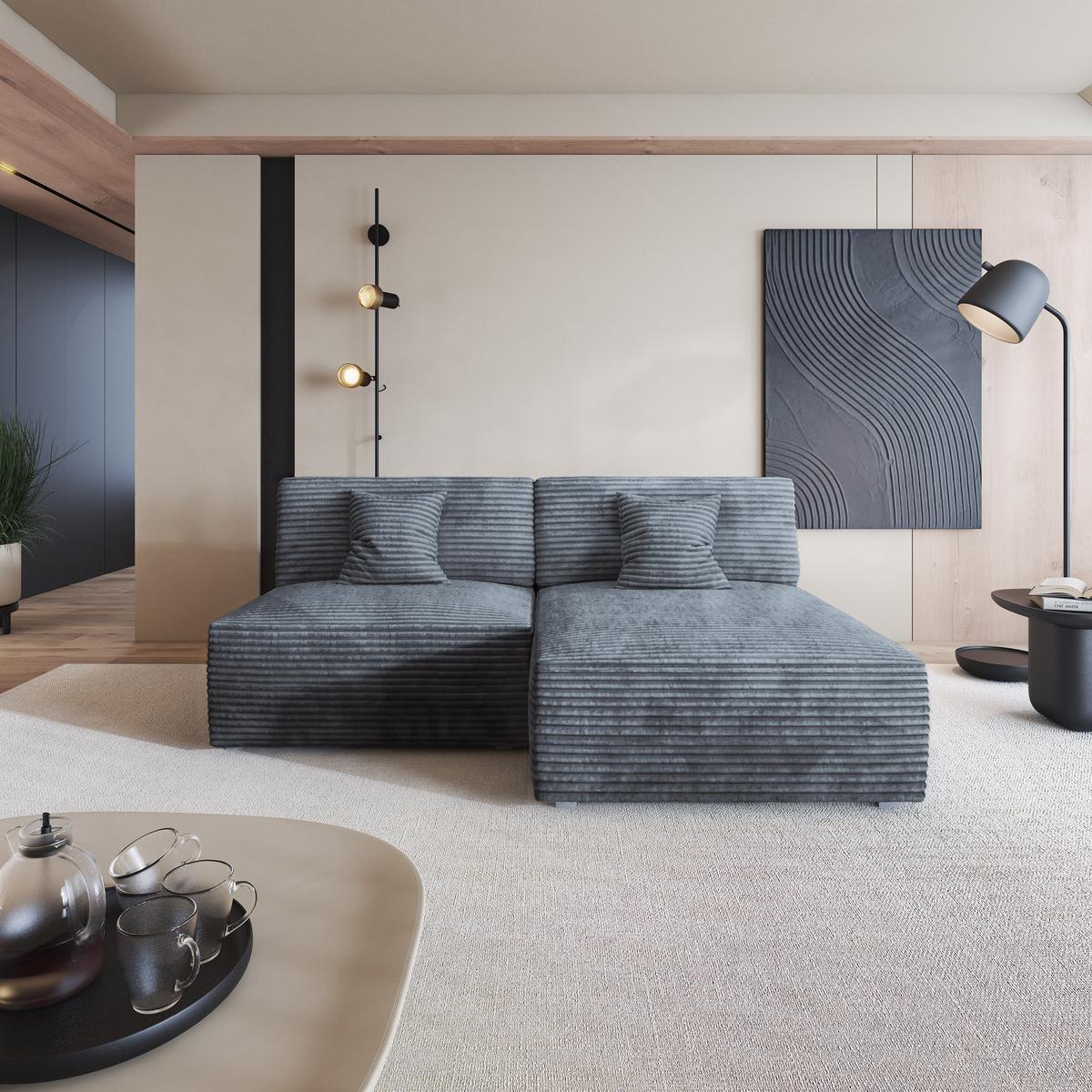 ECKSOFA FIORO Grau Kordstoff mit Schlaffunktion - Grau, Holz (204/148cm) - MASSENO