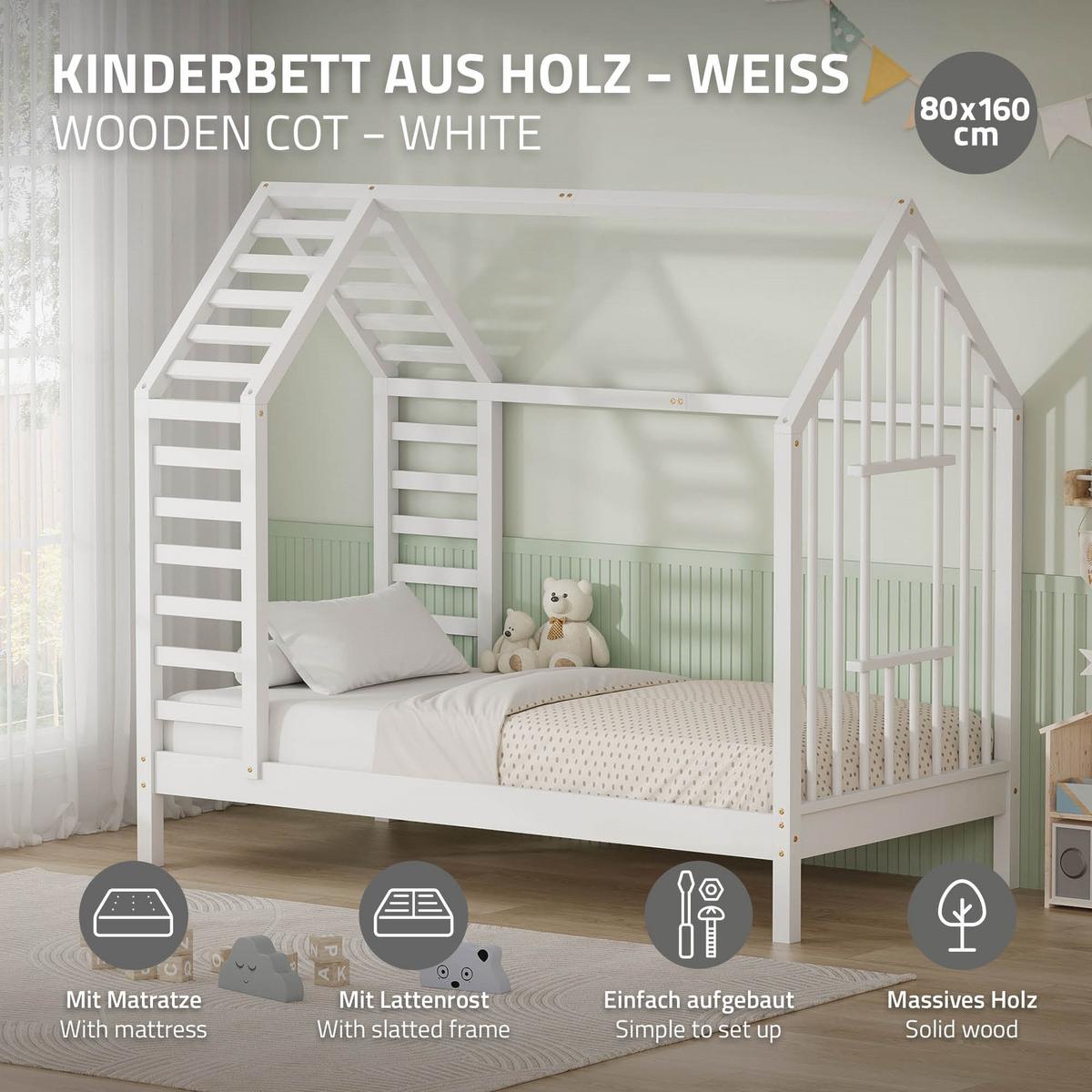 KINDERBETT 80x160 cm mit Matratze Lattenrost & Dach Hausbett aus massivem Kiefernholz Weiß - Weiß, Holz (80/160cm) - ML-DESIGN