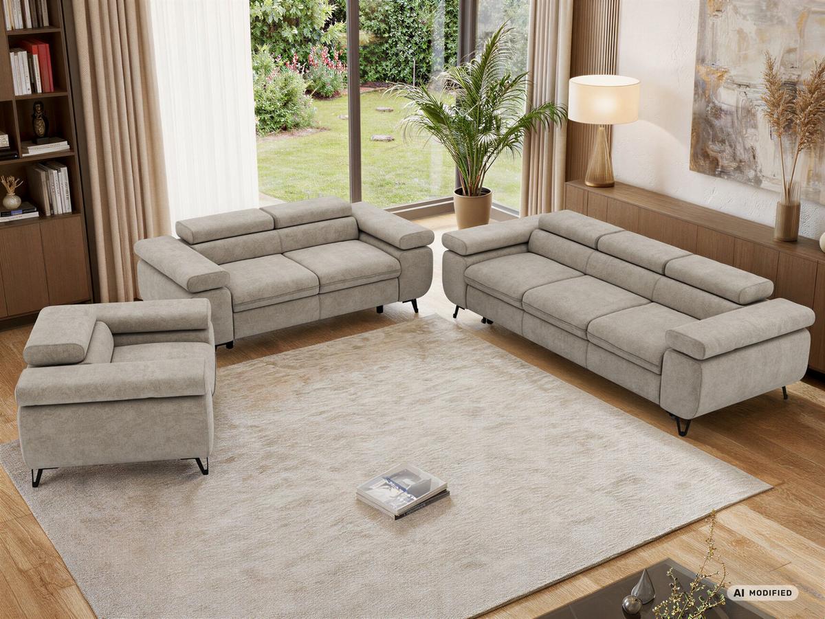 SITZGARNITUR PETER 1+2+3 mit Schlaffunktion - Greige Stukture - Greige/Schwarz, Textil/Metall (262/76/99cm) - MKS