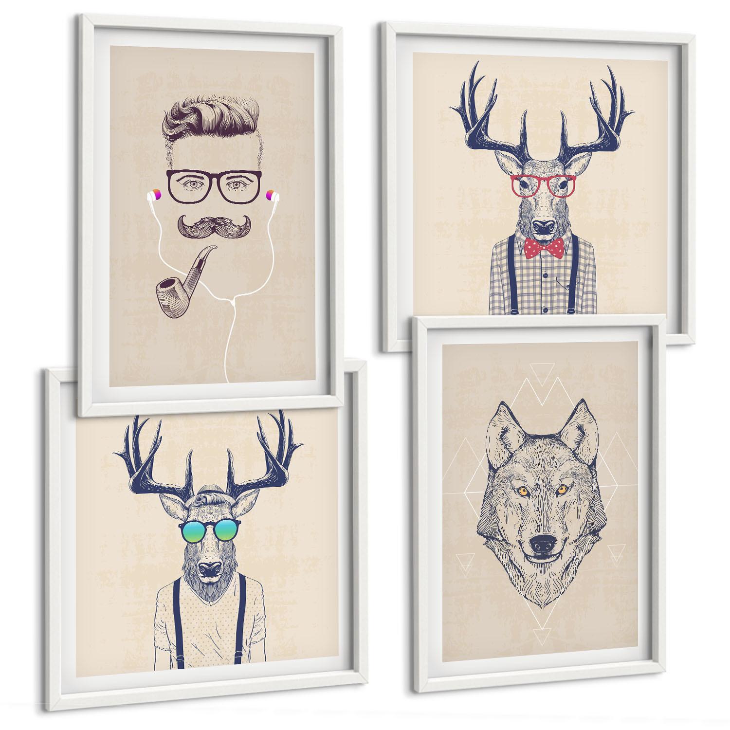 BILDER SET 4er Set - 50x50 cm & 40x60 cm Weißer Rahmen - Stilvolle Tierporträts - Weiß, Kunststoff (50/50cm) - TULUP