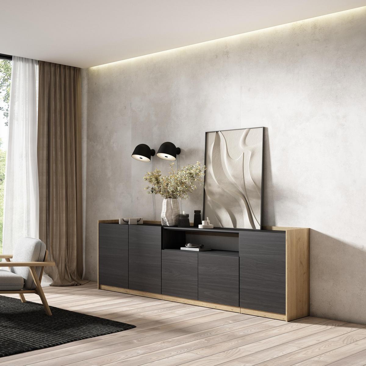 SIDEBOARD, Highboard, Schwarz Eiche, 260/37/80cm - Schwarz, Holzwerkstoff (260/80/37cm) - Skraut Home