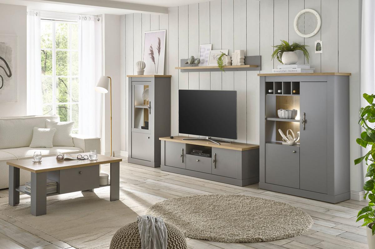 COUCHTISCH grau, Artisan Eiche Landhaus 107 x 67 cm, Beistelltisch mit Schubkästen - Silberfarben/Hellgrau, Holzwerkstoff/Metall (107/67/46cm) - Furn.Design