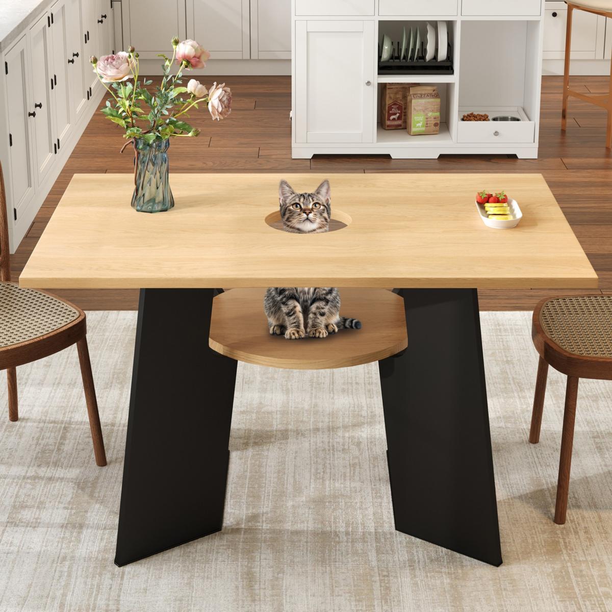 ESSTISCH Haustierfreundlich Holz-Schwarz mit Ablage & Katzenbereich - Weiß, Holzwerkstoff (85/130/75cm) - Urban Meuble