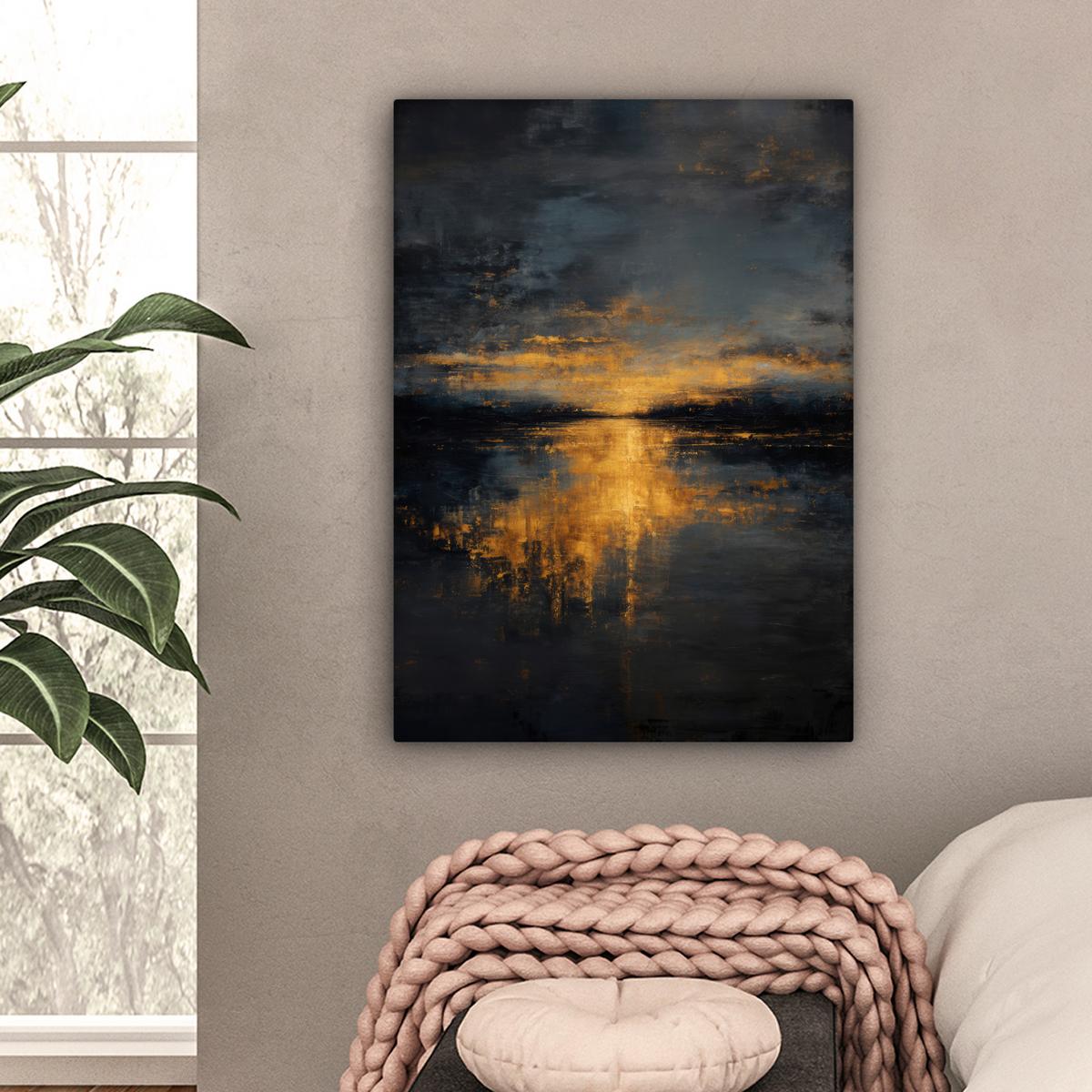 LEINWANDBILD Goldene Reflexion auf dem Wasser Wandbild Wohnzimmer 60x80 cm - Anthrazit, Textil (60/80cm) - MuchoWow
