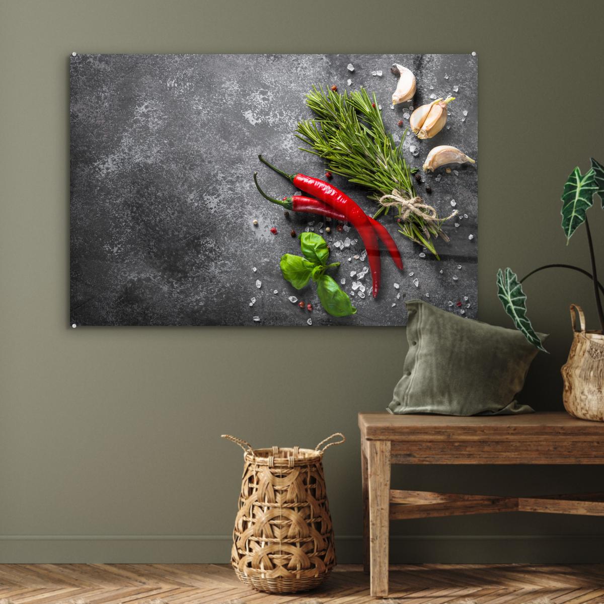 ACRYLGLASBILD Pfeffer - Kräuter - Gewürze - Beton Wandbild Schlafzimmer 120x80 cm - Dunkelgrau, Glas (120/80cm) - MuchoWow