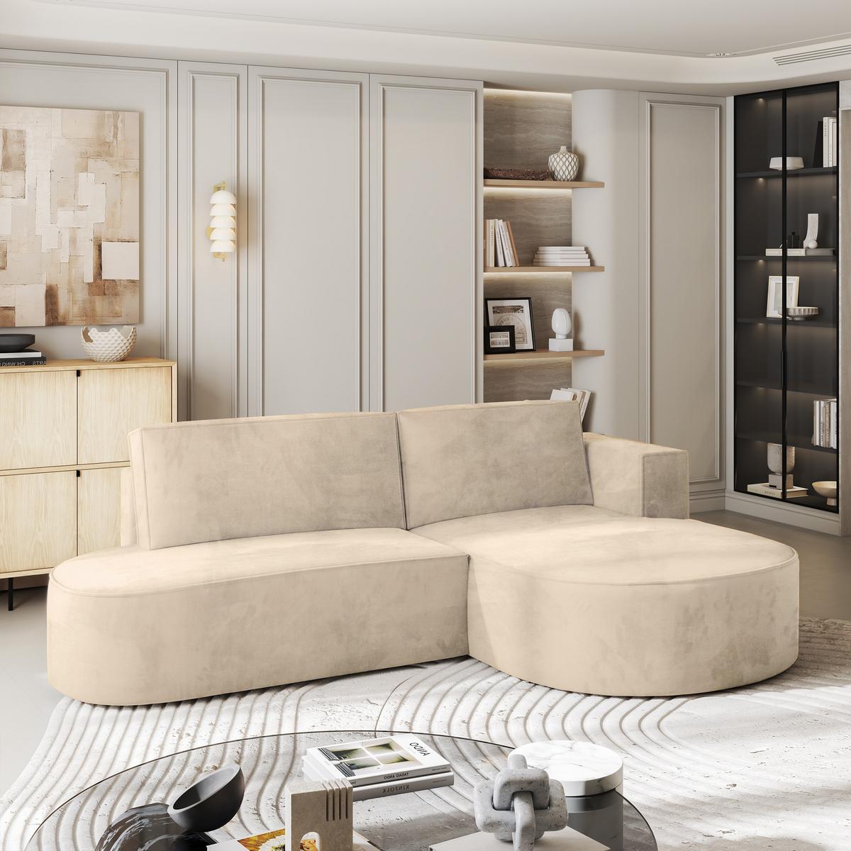 ECKSOFA CORTIO M R-S Creme Velours-Stoff mit Schlaffunktion - Creme/Grau, Holz/Kunststoff (265/174cm) - MASSENO