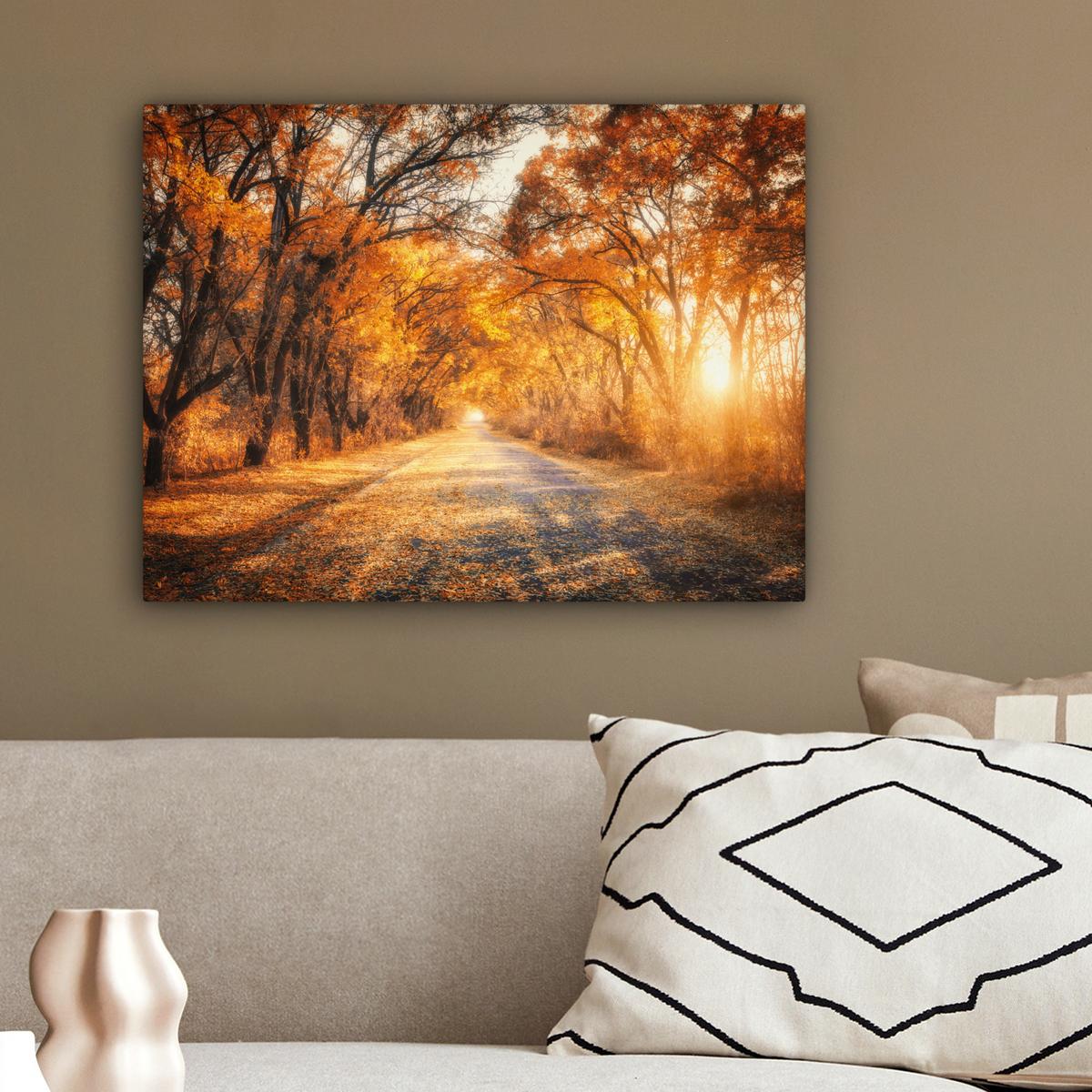LEINWANDBILD Wald - Herbst - Bäume - Waldweg - Natur Wandbild 40x30 cm - Bernsteinfarben, Textil (40/30cm) - MuchoWow