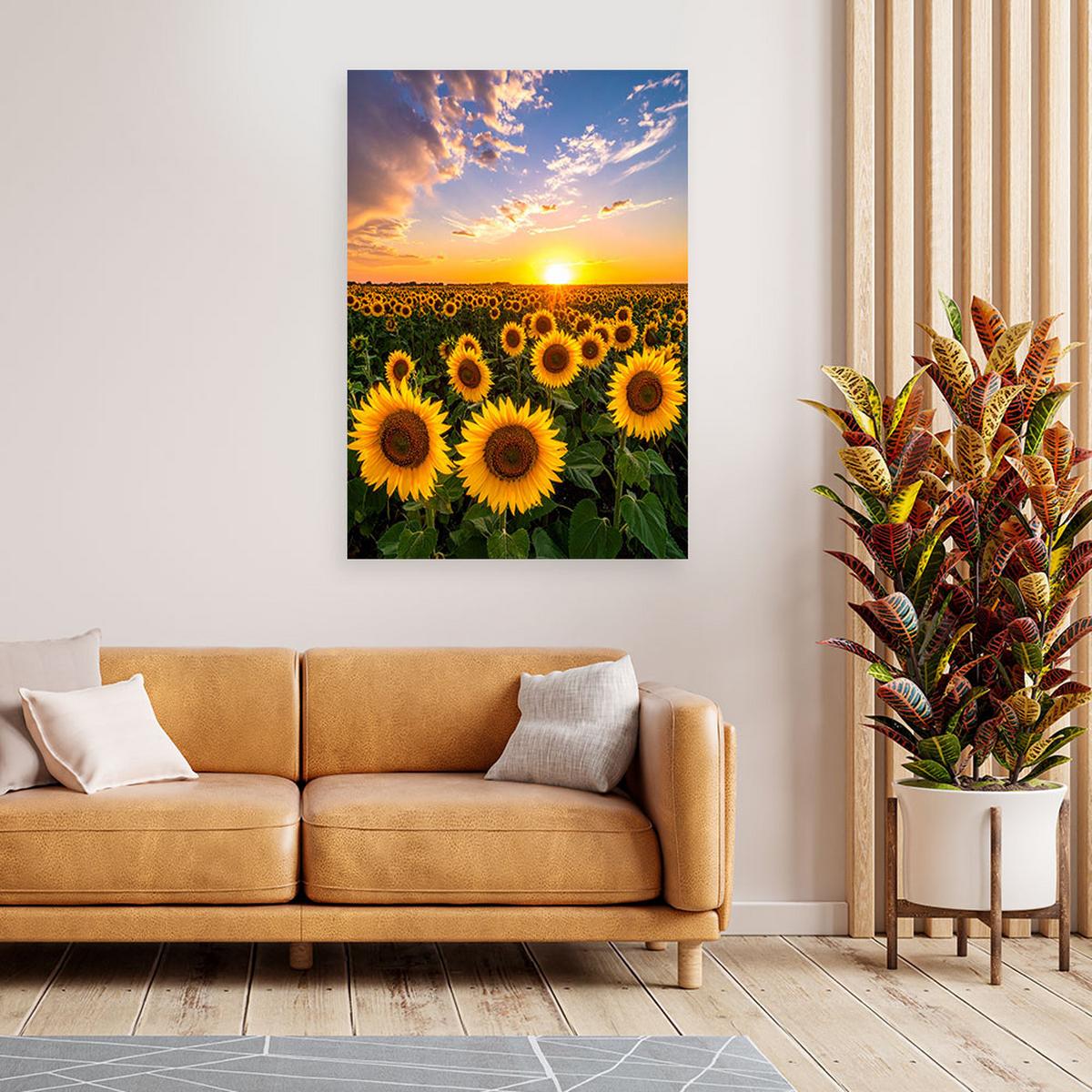 LEINWANDBILD Sonnenblumenfeld Sonnenuntergang 40x60cm - Gelb, Textil (40/60cm) - Feeby