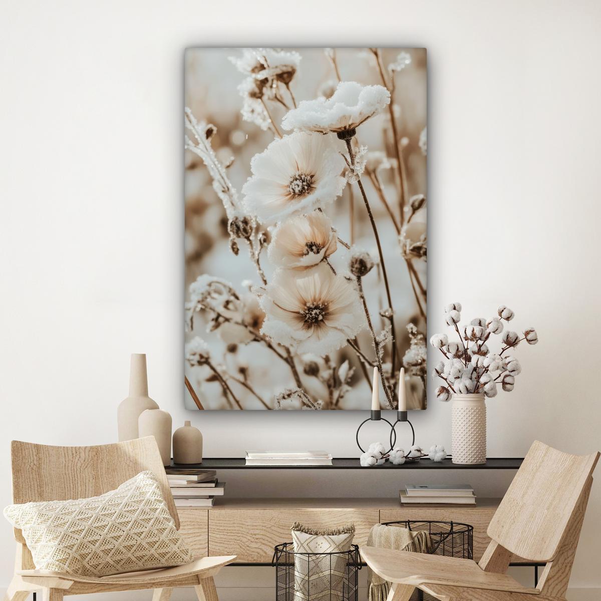 LEINWANDBILD Blumen - Winter - Weiß - Schnee - Beige Deko XXL 80x120 cm - Creme, Textil (80/120cm) - MuchoWow