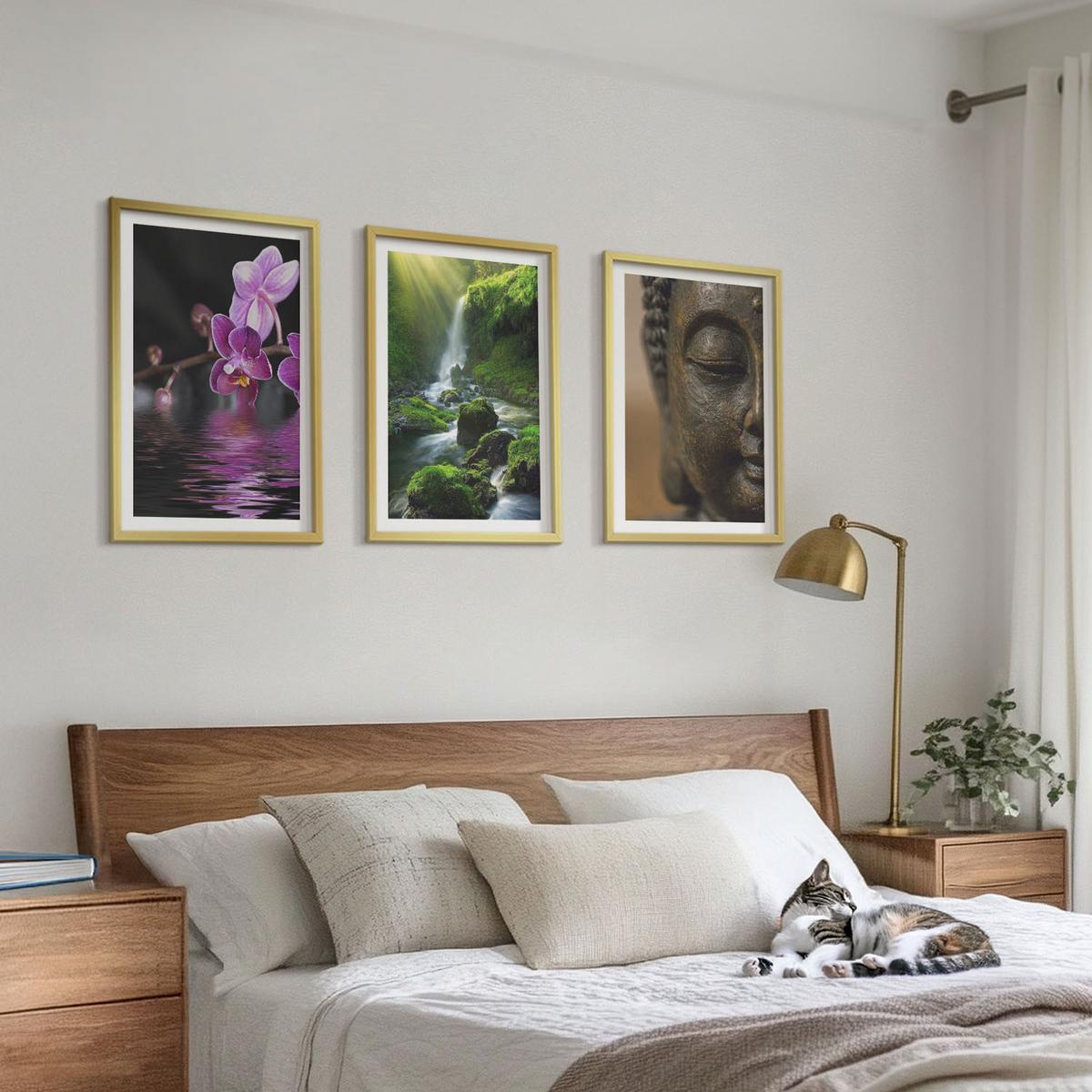 BILDER SET 3er Set - 40x60 cm Goldrahmen - Blumen, Wasserfall, Buddha-Felsen, Zen - Goldfarben, Kunststoff (40/60cm) - TULUP