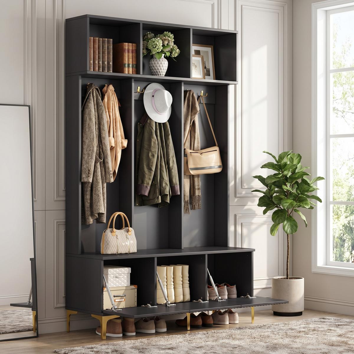 GARDEROBEN schwarz & gold, mit sitzbank und 6 haken - Schwarz, Holzwerkstoff (120/191/40cm) - Urban Meuble