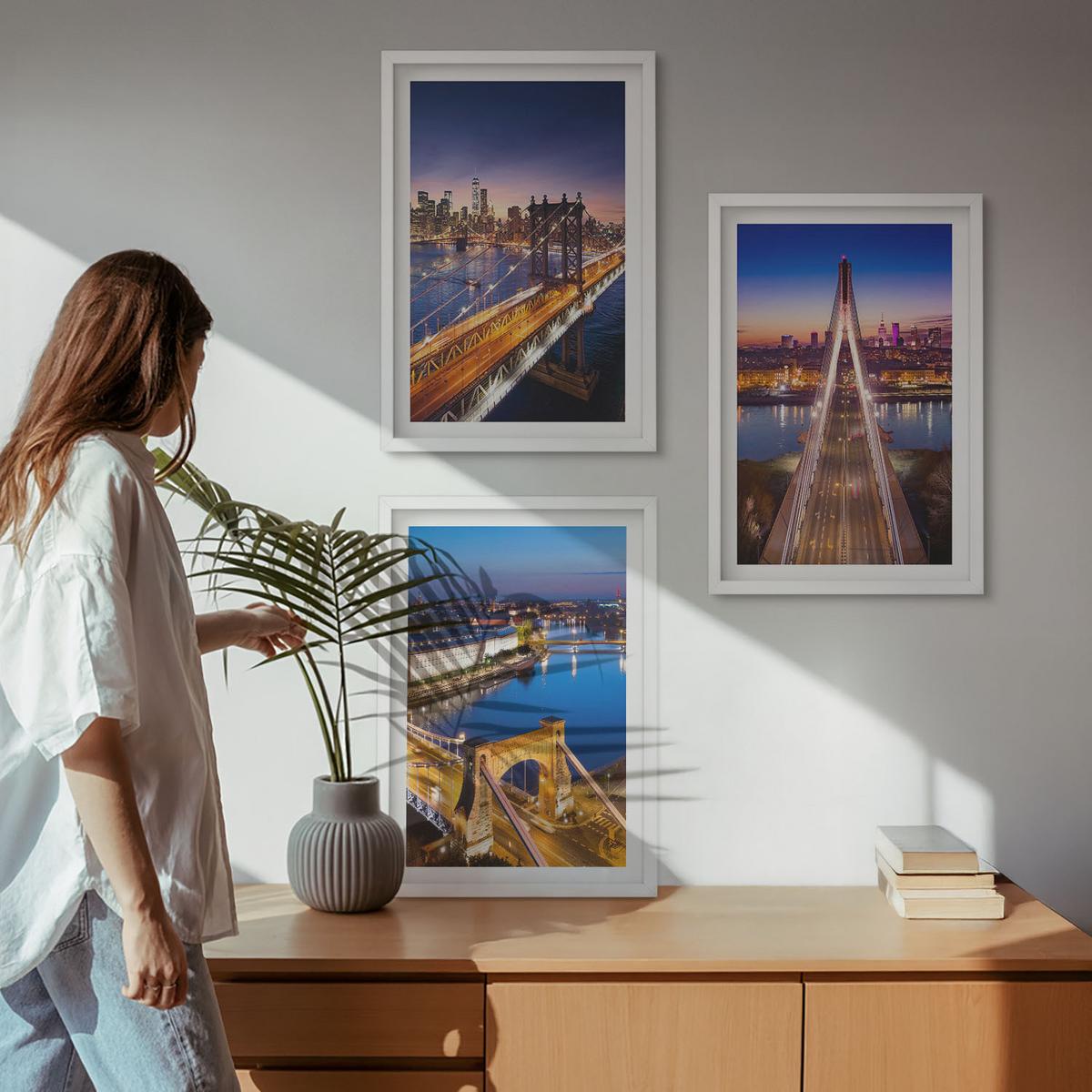 BILDER SET 3er Set - 40x60 cm Weißer Rahmen - Städte bei Nacht, Brücken, Flüsse - Weiß, Kunststoff (40/60cm) - TULUP