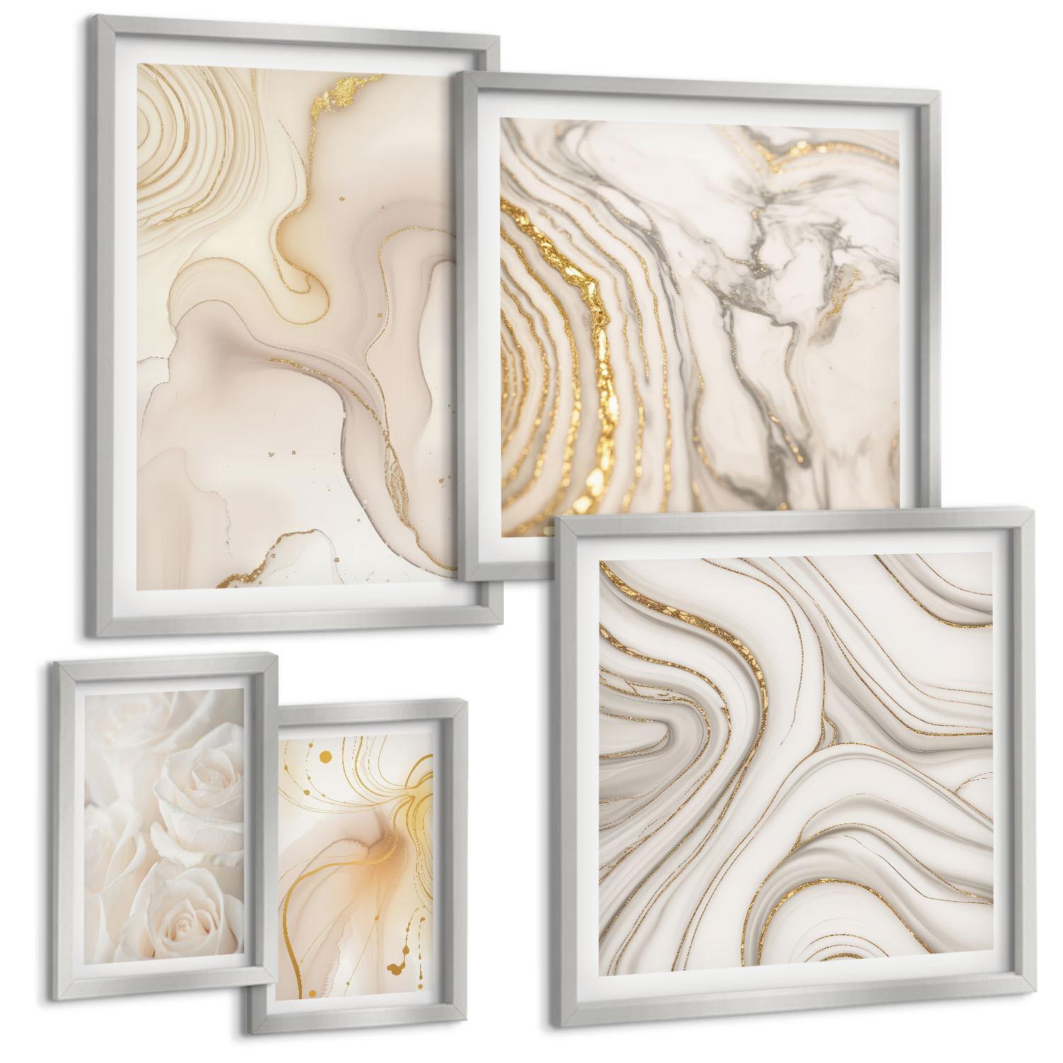 BILDER SET 5er Set - 50x50 cm & 20x30 cm & 40x60 cm Silberner Rahmen - Landschaften Natur Felder Sonne - Silberfarben, Kunststoff (40/60cm) - TULUP
