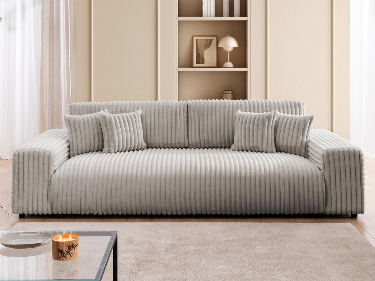 BIGSOFA Mollis Hellgrau Plüschcord mit Schlaffunktion - Hellgrau/Schwarz, Holz/Kunststoff (260/77/124cm) - S-Style Möbel