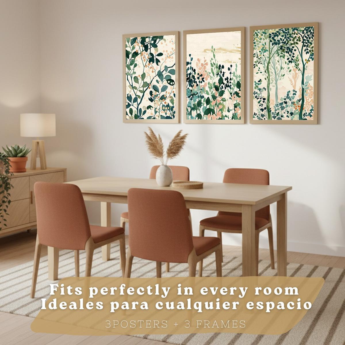 POSTER 3er-Set Wandbilder Floral Bäume modern Wohnzimmer Deko, Schlafzimmer, Küche, Badezimmer Leichter Holzrahmen A3 - Beige, Papier (29.7/1/42cm) - Nacnic