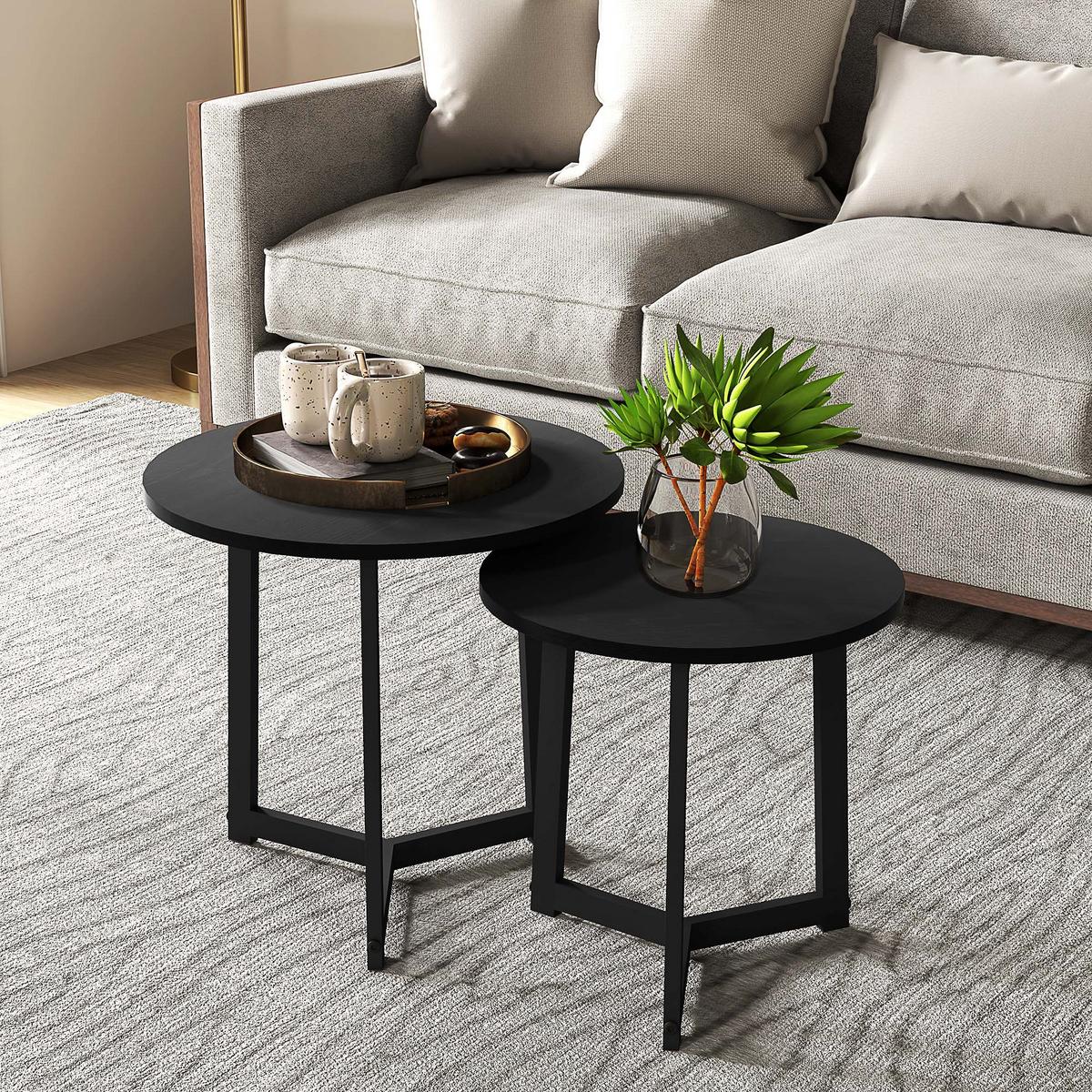 2ER-SET Couchtisch, Runder Beistelltisch, Kaffeetisch mit Stahlgestell Sofatisch - Schwarz, Metall (48/48/45cm) - HOMCOM