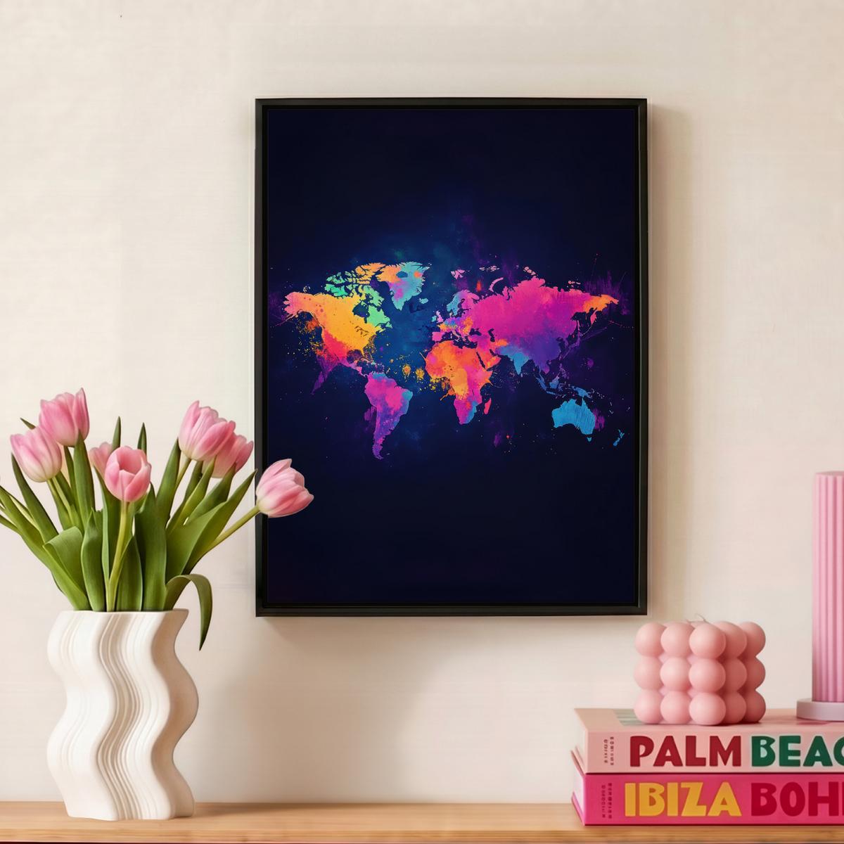 LEINWAND Bilder mit Rahmen - Weltkarte - Bunt - Graffiti - 30x40 - Multicolor, Textil (30/40cm) - MuchoWow