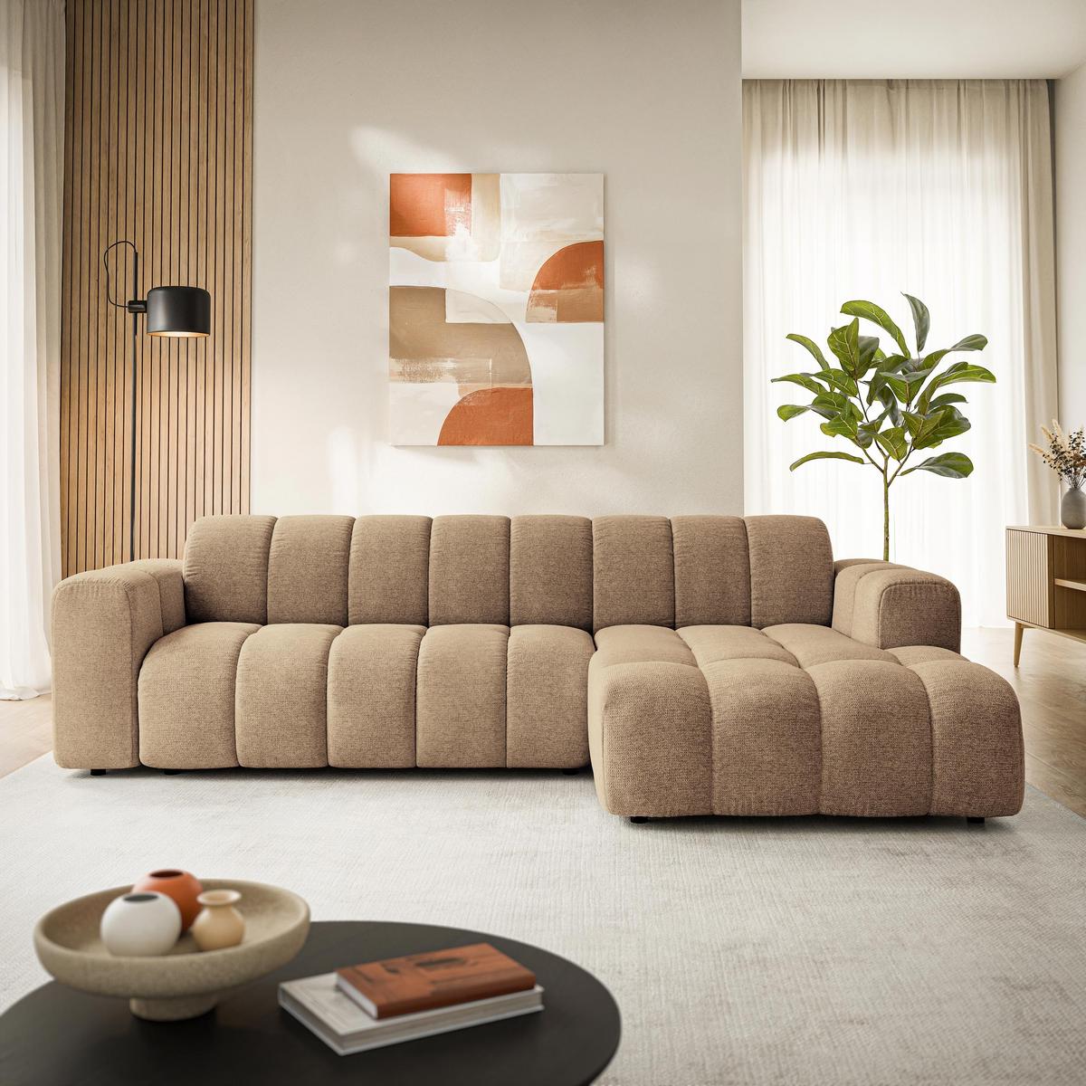 ECKSOFA SETIA Beige Strukturstoff mit Schlaffunktion - Beige, Holz (304/165cm) - MASSENO