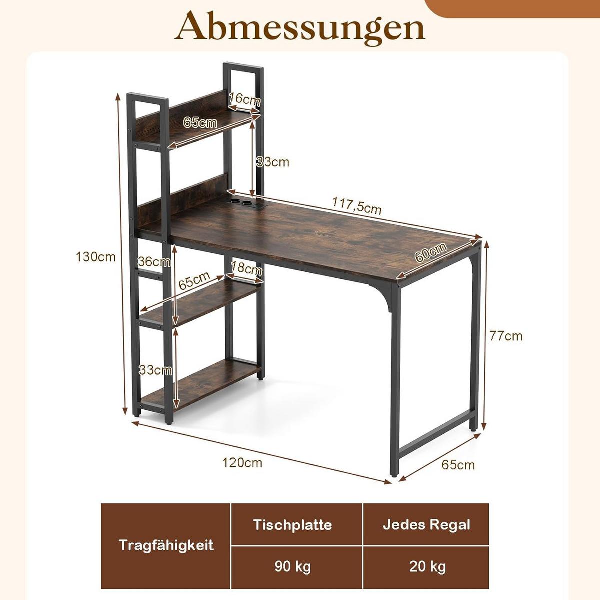 COMPUTERTISCH Braun - Braun, Holzwerkstoff (65/120/130cm) - COSTWAY