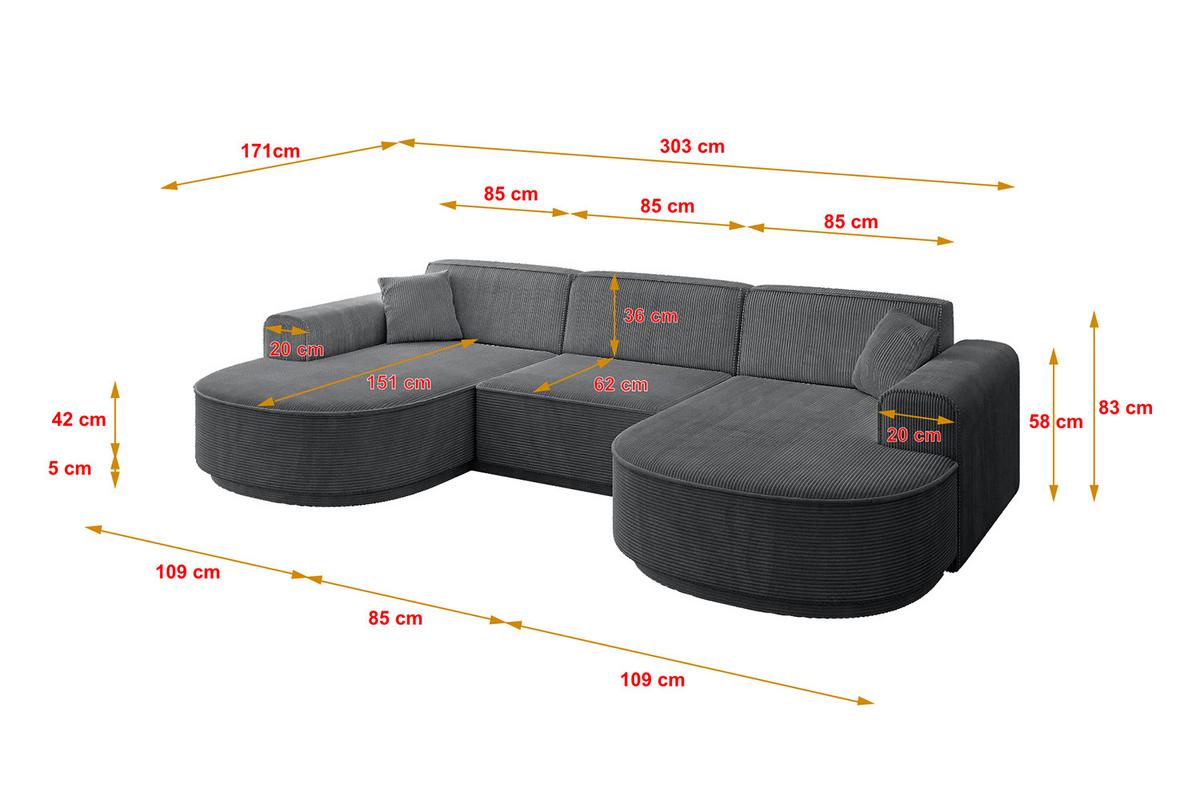 WOHNLANDSCHAFT MARI-U1-v3 - 303x171x83 cm Dunkelgrau Cord - Dunkelgrau/Schwarz, Holzwerkstoff/Kunststoff (303/83/171cm) - ALTDECOR