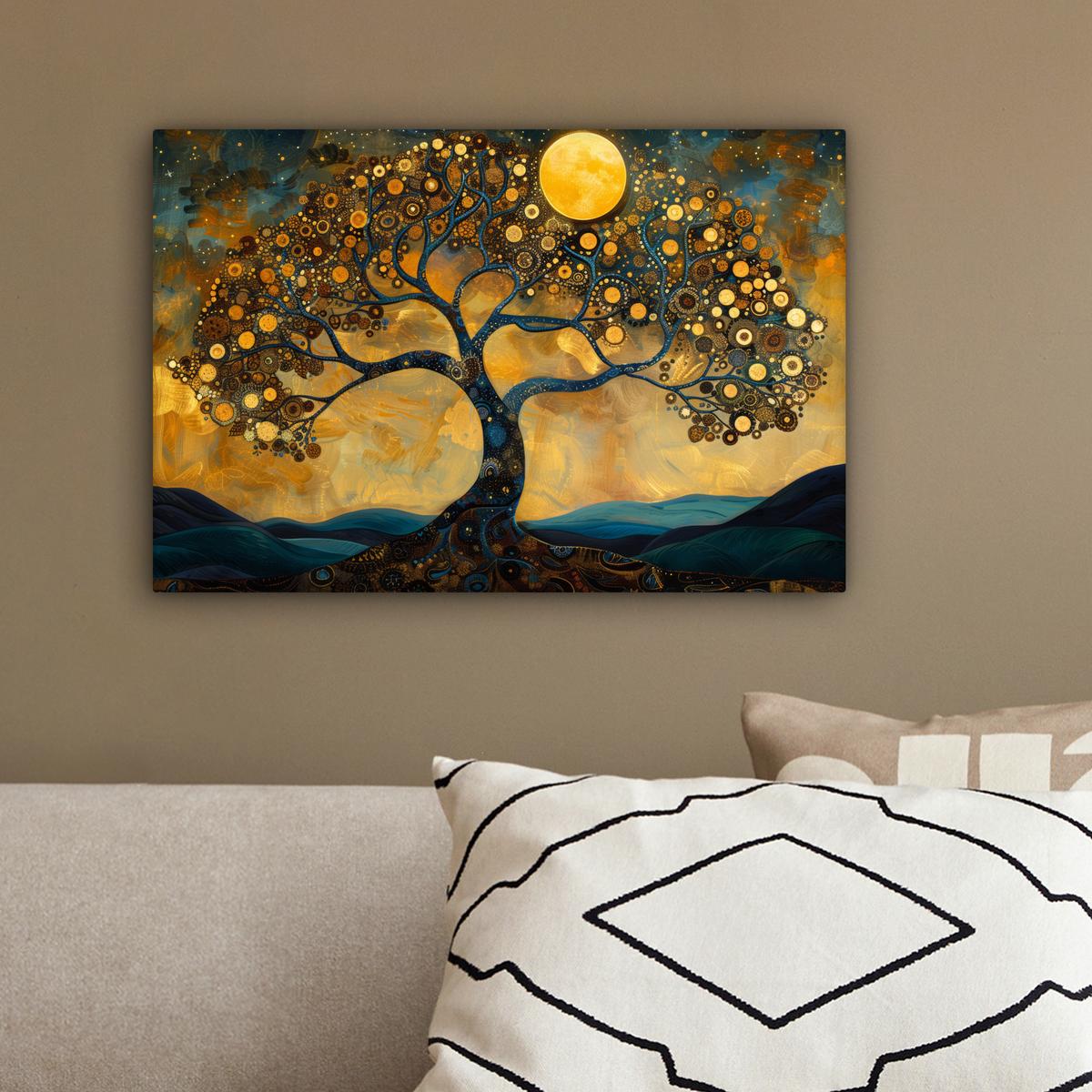 LEINWANDBILD Baum - Mond - Blumen - Gold - Kunst Deko Schlafzimmer 30x20 cm - Orange, Textil (30/20cm) - MuchoWow