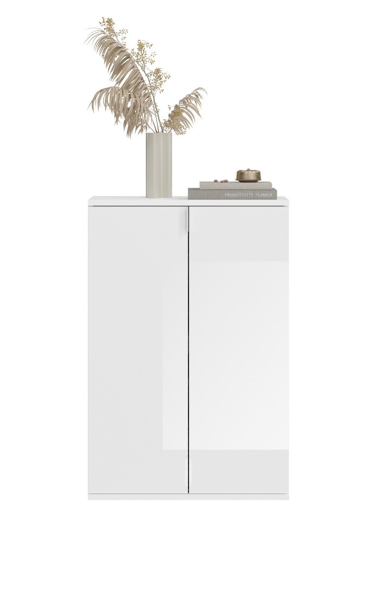 KOMMODE Weiß Hochglanz 61 x 99 cm 2-türig, Mehrzweckschrank, Schuhschrank mit 6 Fächern - Weiß Hochglanz/Silberfarben, Holzwerkstoff/Kunststoff (61/99/34cm) - Inn.Furn