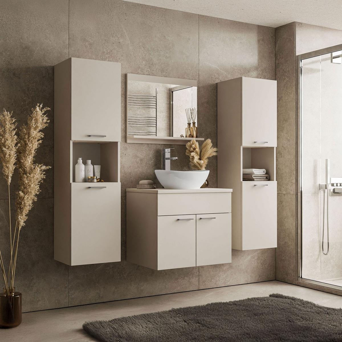 BADMÖBEL-SET LUMIRE IV Kaschmir Matt mit Spiegel - Beige, Holzwerkstoff (60/52/46cm) - Lookway
