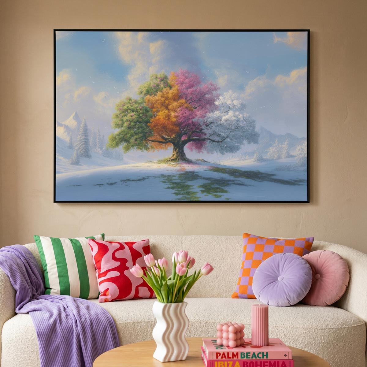 LEINWAND Bilder mit Rahmen - Baum - Jahreszeiten - Winter - Landschaft - 150x100 - Multicolor, Textil (150/100cm) - MuchoWow