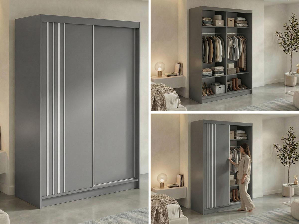 SCHWEBETÜRENSCHRANK mit Lamellen NAURU - 150 - Grau und Weiß - Alufarben/Weiß, Holzwerkstoff/Metall (150/216/61cm) - MKS