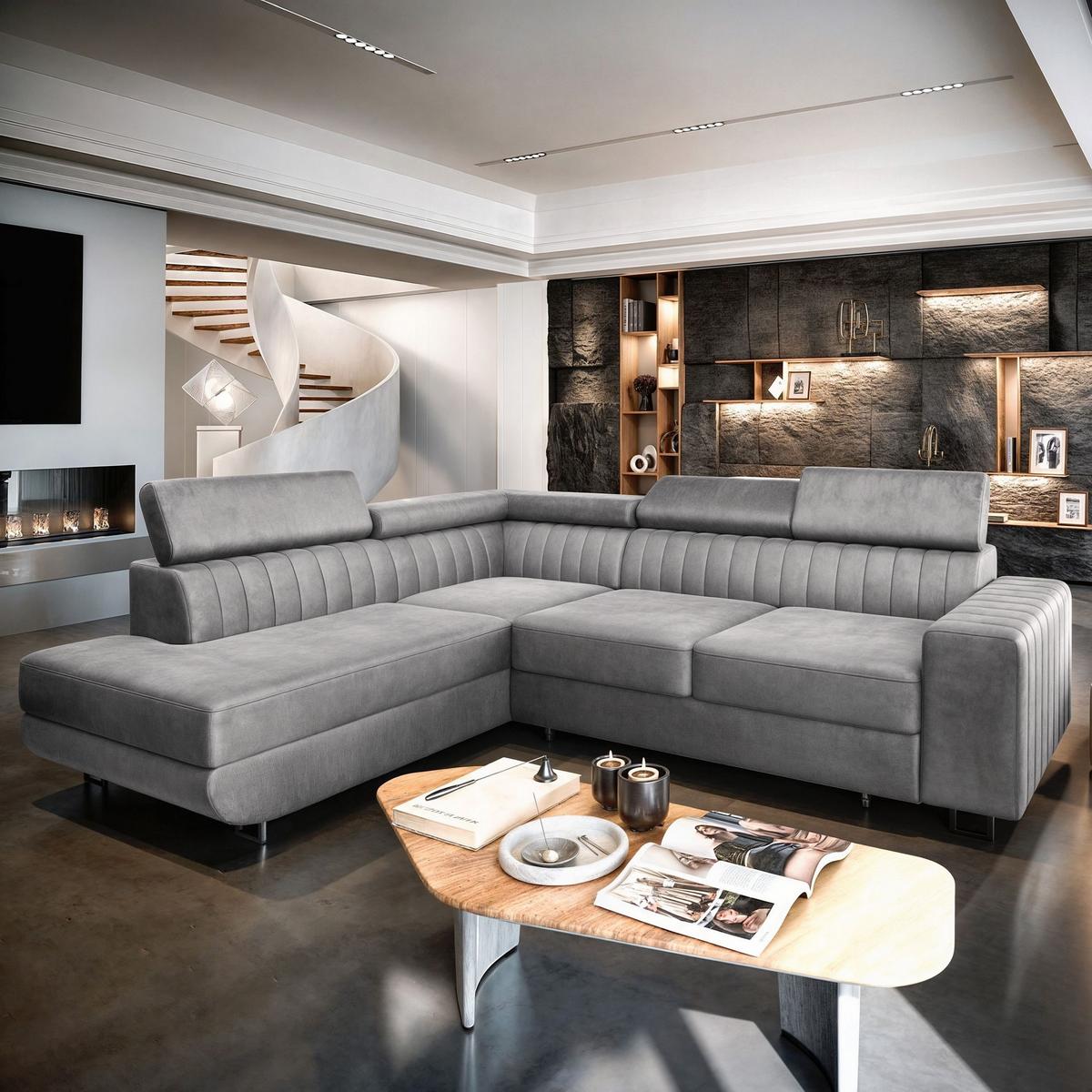 ECKSOFA NOLA L-S Hellgrau Velours-Stoff mit Schlaffunktion - Silberfarben/Hellgrau, Holz/Textil (253/190cm) - MASSENO