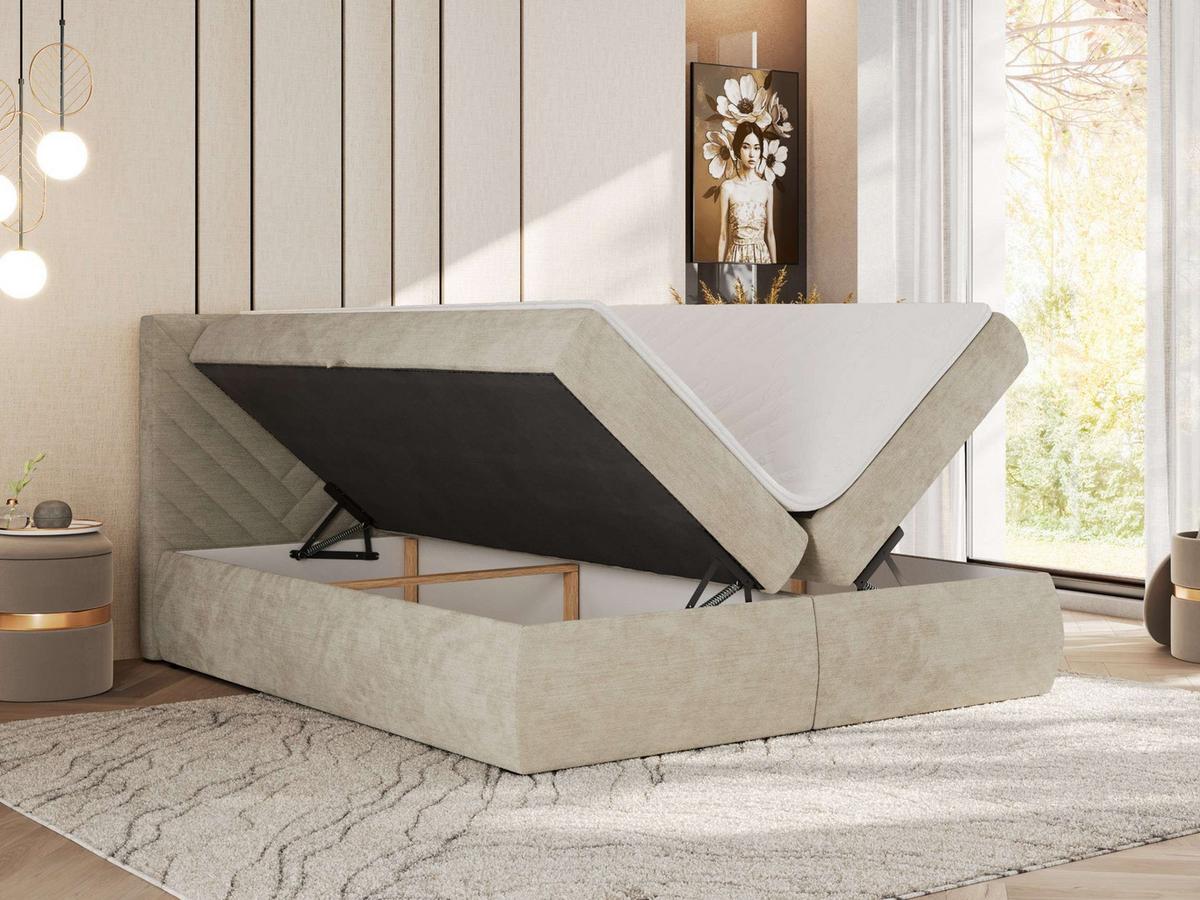 BOXBETT AVERTA 160/200 - Beige Schenille glatt - H4 - Beige, Textil (160/200cm) - MKS