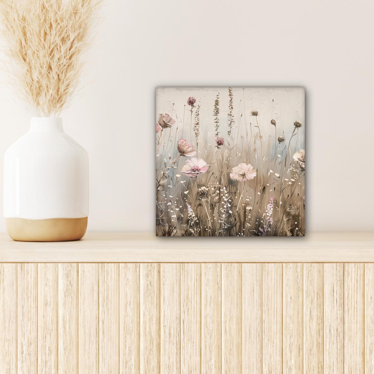 LEINWANDBILD Blumen - Rosa - Modern - Beige Deko Wohnzimmer 20x20 cm - Beige, Textil (20/20cm) - MuchoWow