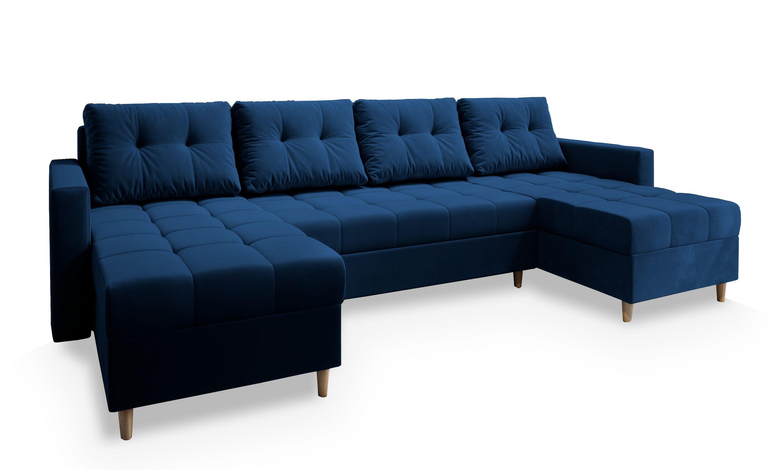 WOHNLANDSCHAFT MILO U Blau Plüsch-Stoff mit Schlaffunktion - Blau/Braun, Holz/Textil (285/91/140cm) - MASSENO
