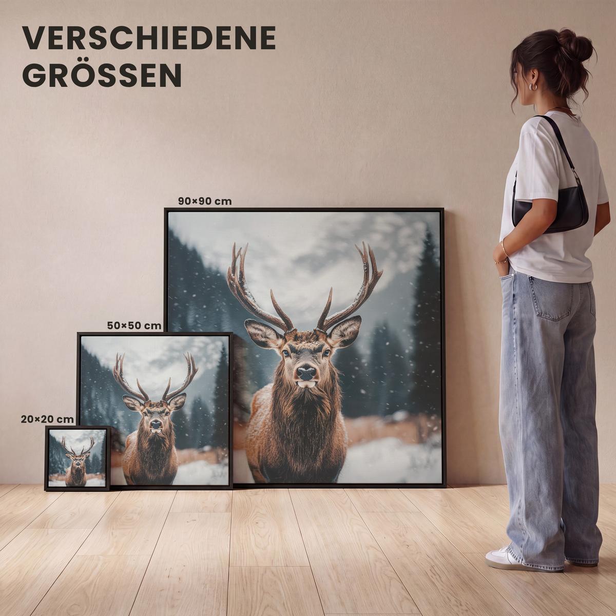 LEINWAND Bilder mit Rahmen - Hirsche - Tiere - Landschaft - Winter - Schnee - 20x20 - Kastanienfarben, Textil (20/20cm) - MuchoWow