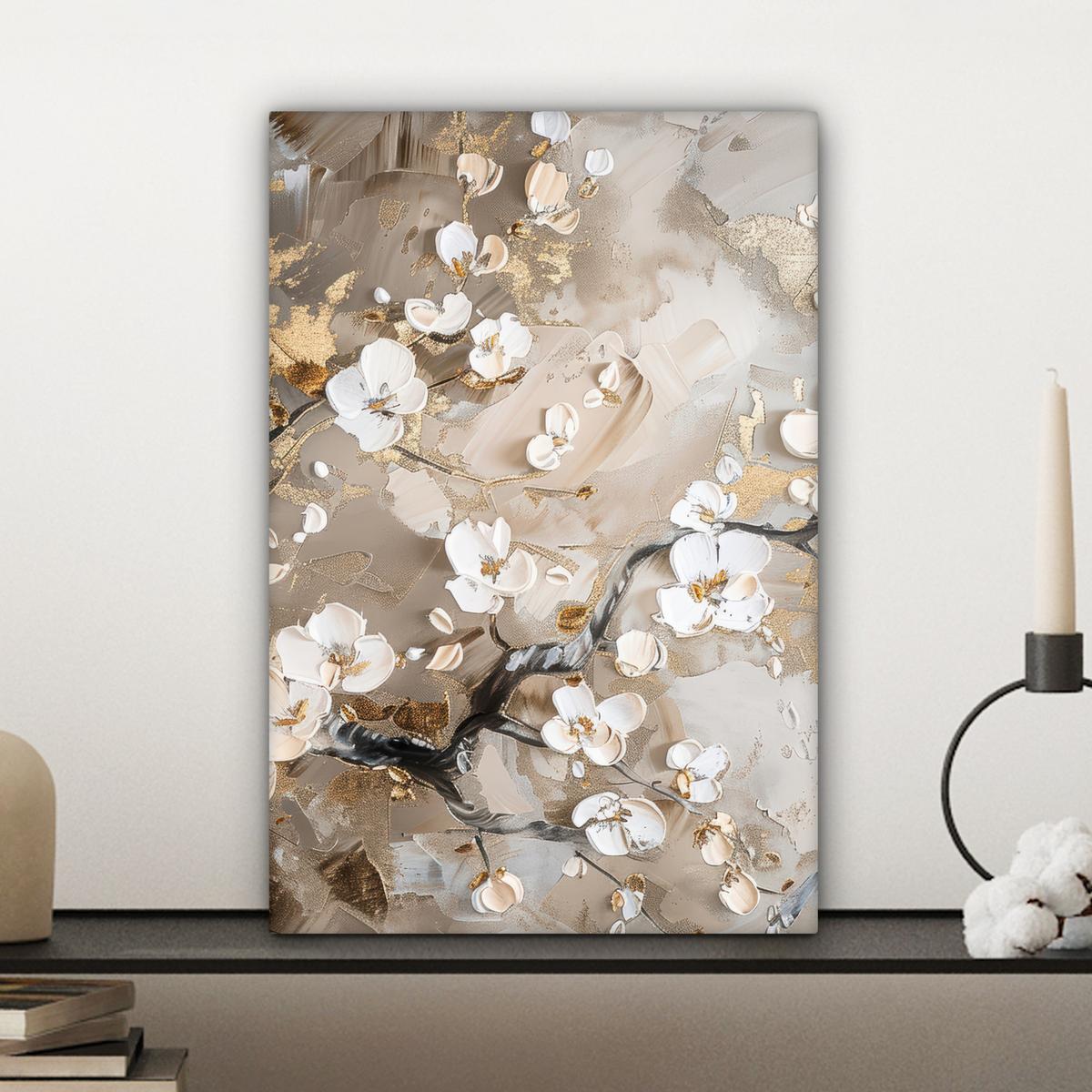 LEINWANDBILD Blumen - Weiß - Gold - Beige - Luxus Deko Wohnzimmer 20x30 cm - Greige, Textil (20/30cm) - MuchoWow
