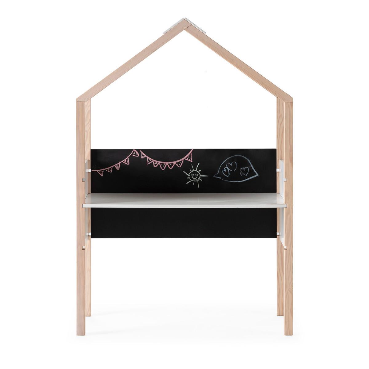 BÜRO mit Schiefertafel in Hausform, dekoriert in weißem Hochglanz und hellem Holz, L100 cm 40/100/155 cm - Weiß, Holzwerkstoff (40/155/100cm) - Calicosy