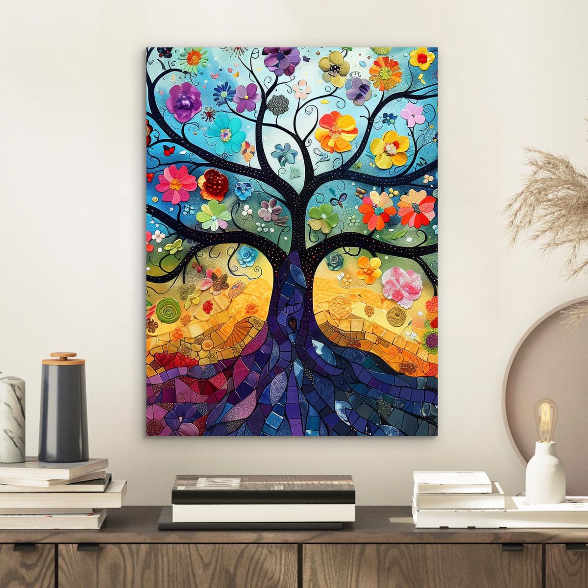 METALLBILD Kunst - Baum des Lebens - Blumen - Hippie 30x40 cm - Dunkelblau, Metall (30/40cm) - MuchoWow